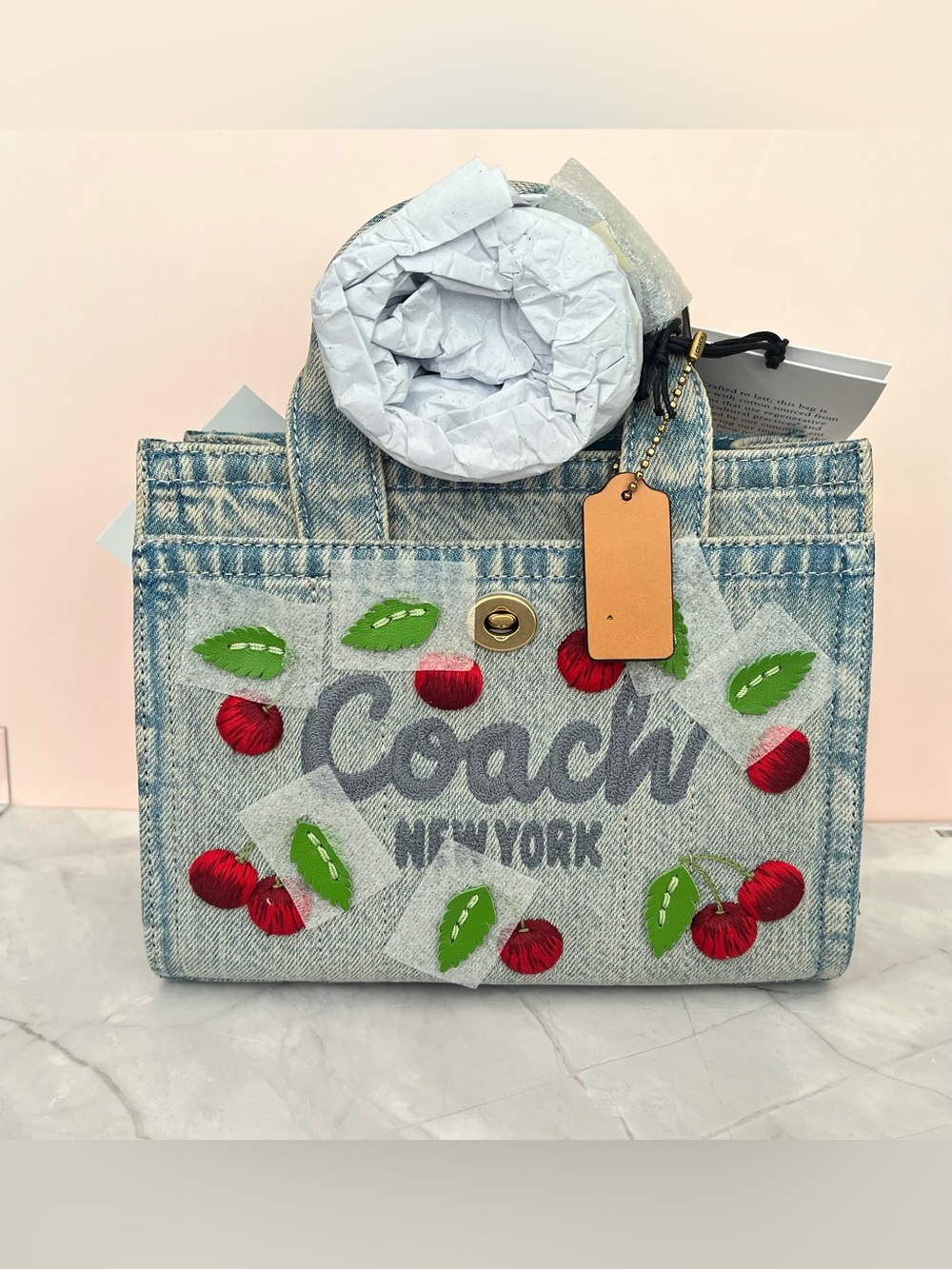 Limited edition Coach embroidery cherry denim cargo tote 20